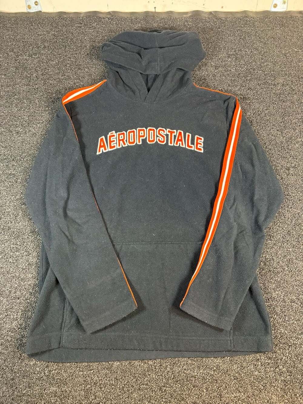 Vintage Aeropostale Aero Fleece XT Black Pullover Hoodie with Orange Side Stripe